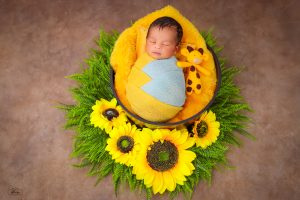 A baby boy is wrapped in a yellow blanket and surrounded by sunflowers.