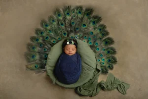 Peacock feathers around a newborn baby wrapped with blanket.