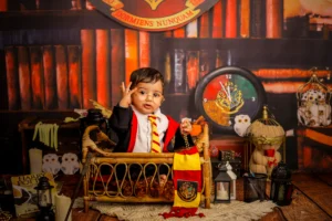 A baby in a crib with beautifully background.